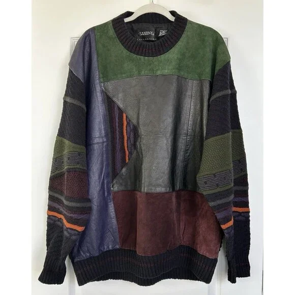Vtg 90s Saxony Collection Leather Patchwork 3D Sweater Abstract Pattern Sz 1XB